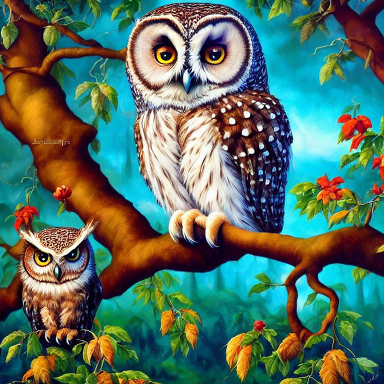 Colorful Owls Perched on Tree Branch with Greenery and Red Flowers