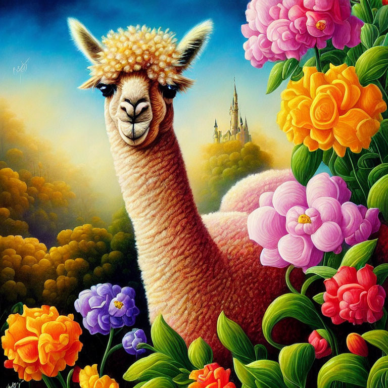 Colorful painting of smiling llama with oversized flowers and fairy-tale castle