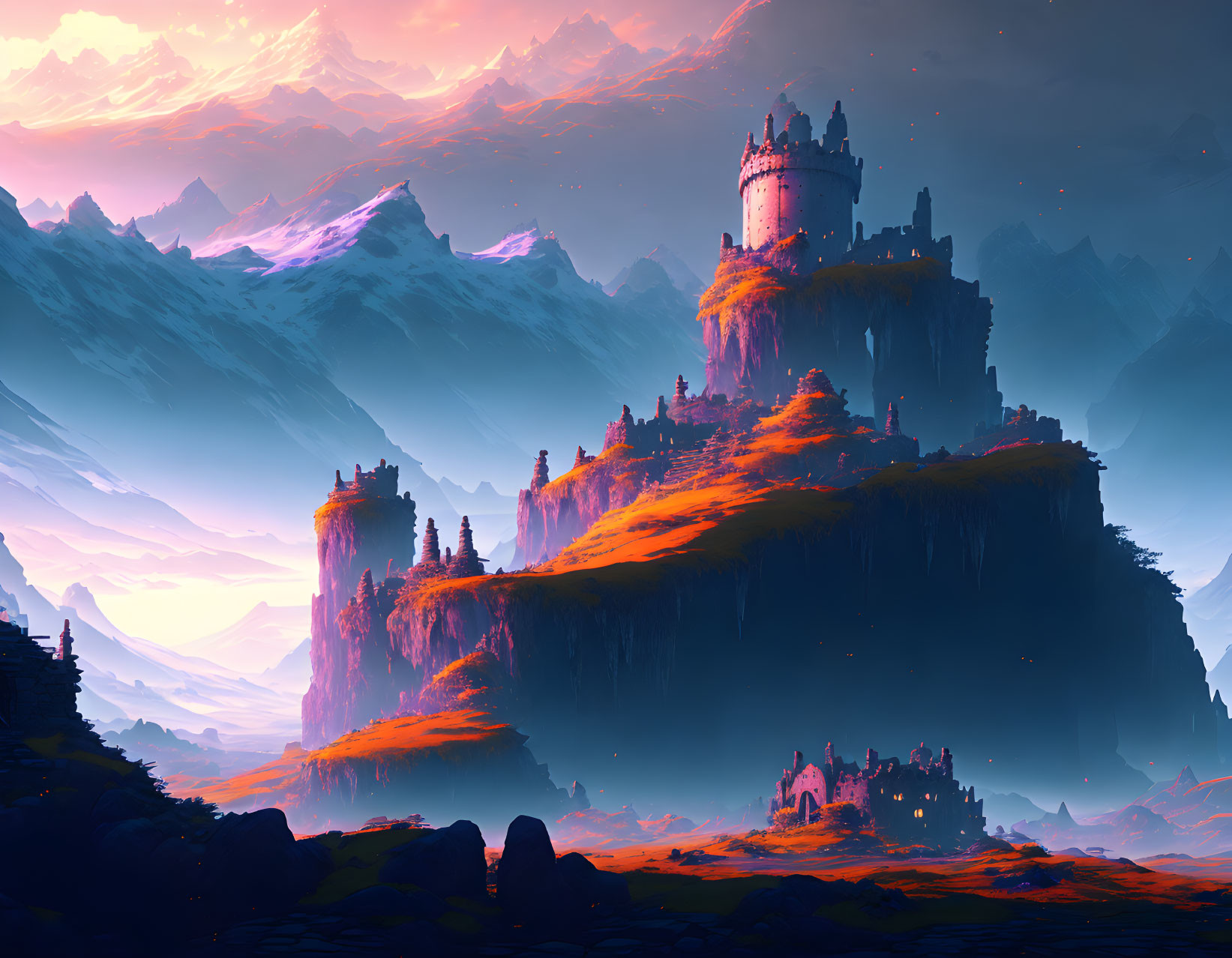 Majestic castle on cliff with glowing trees and twilight mountains