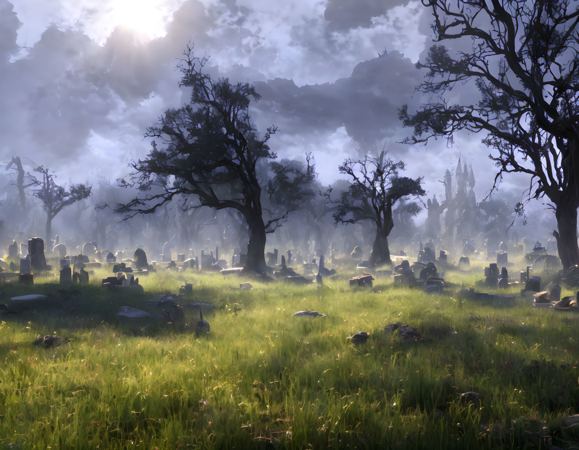 Foggy graveyard with tombstones and trees in soft sunlight