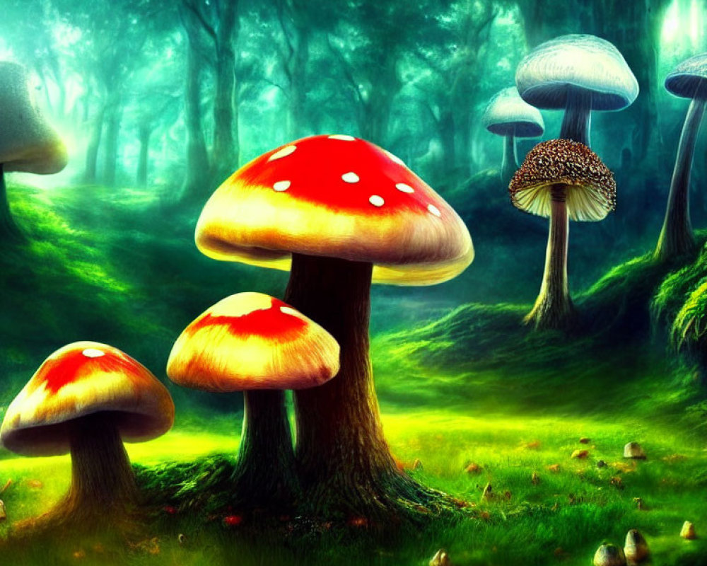 Colorful Oversized Mushrooms in Vibrant Fantasy Forest