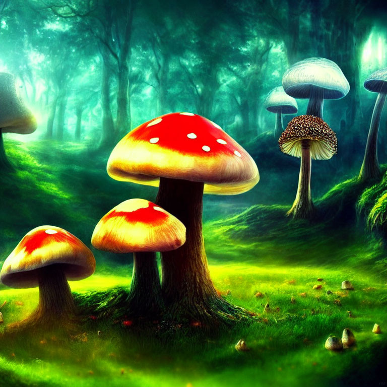 Colorful Oversized Mushrooms in Vibrant Fantasy Forest