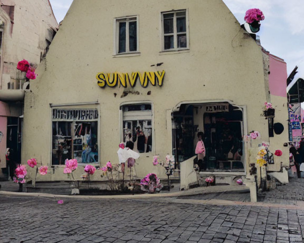 Triangular facade building with pink flowers and cobblestone street