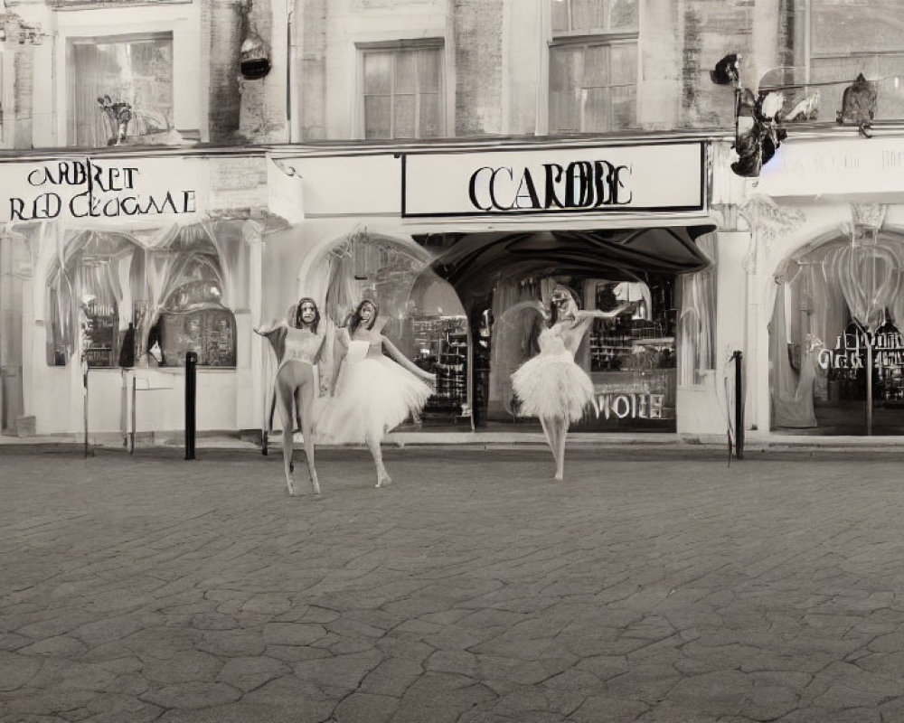 Sepia-tone photograph of two ballet dancers outside 'Cabaret Red Giselle'