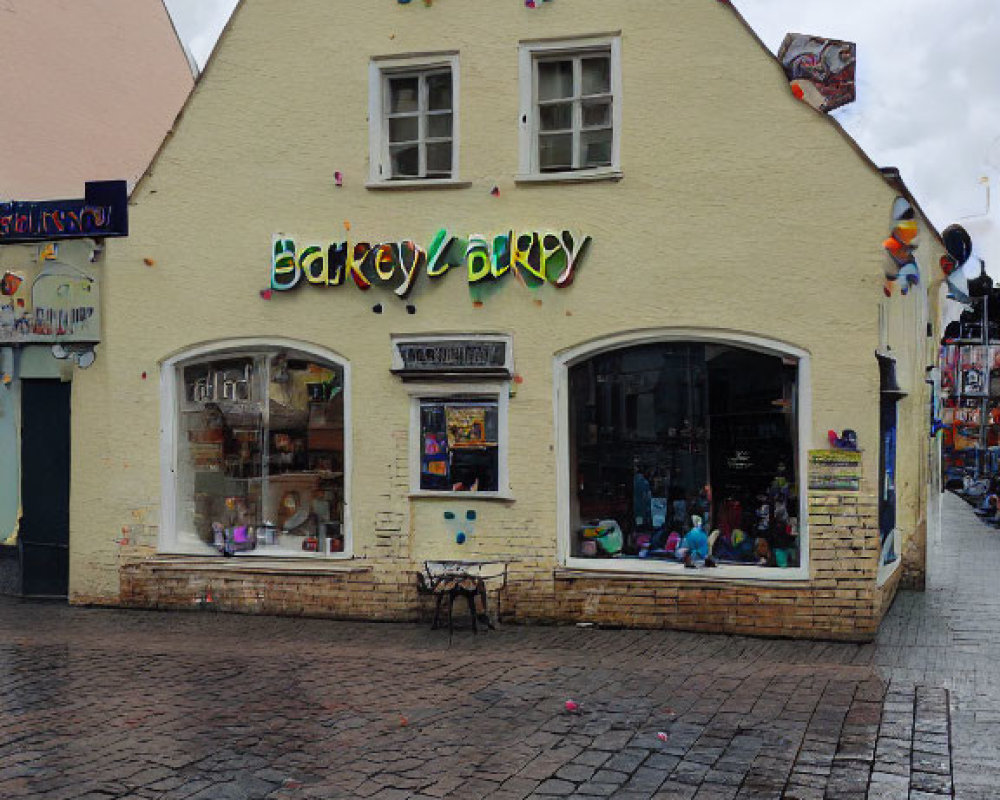 Yellow Bakery with Decorative Pastries on Wet Cobblestone Street