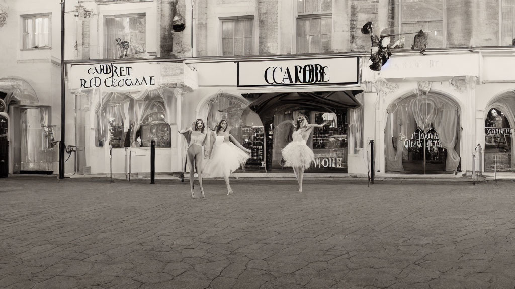 Sepia-tone photograph of two ballet dancers outside 'Cabaret Red Giselle'