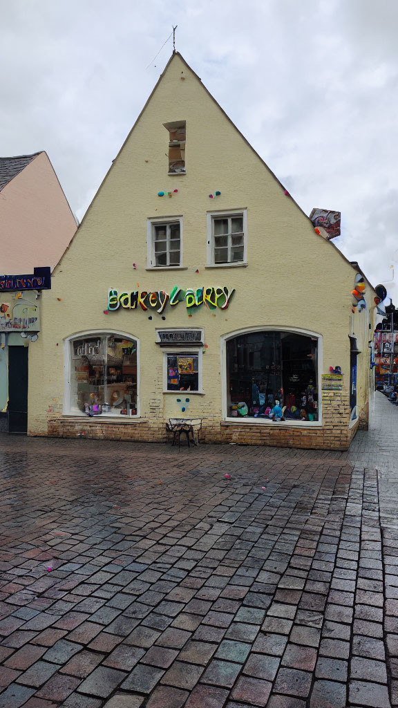 Yellow Bakery with Decorative Pastries on Wet Cobblestone Street