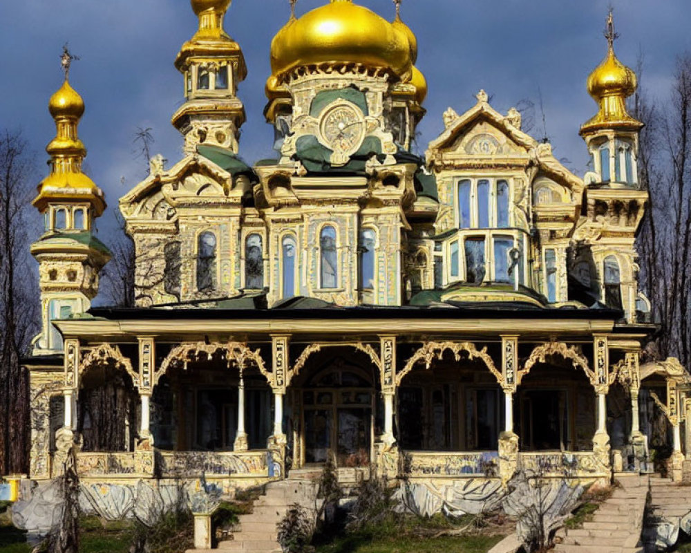 Elaborate Golden-Domed Church Against Blue Sky