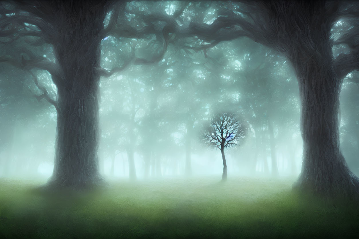 Solitary tree in misty forest clearing surrounded by tall trees