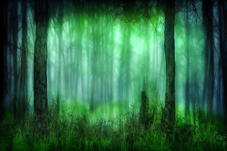 Enchanting Green Forest with Silhouettes and Ethereal Light