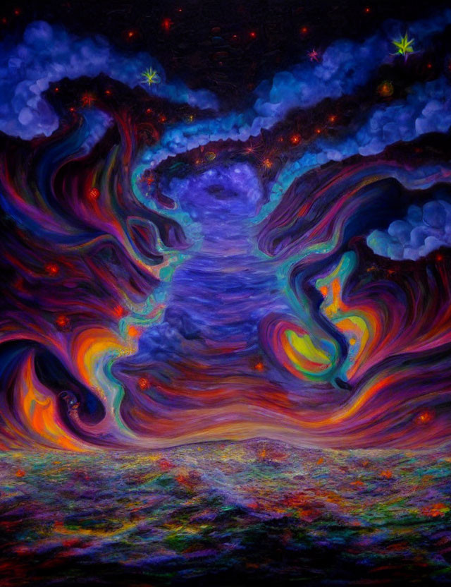 Colorful psychedelic artwork: cosmic scene with swirling purple, blue, and orange patterns under starry sky