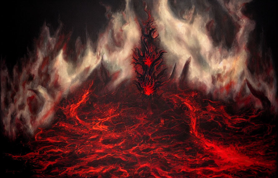 Sinister demonic figure in fiery red and black landscape