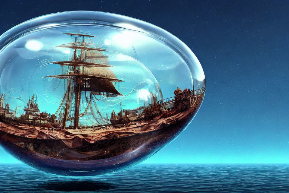 Surreal image of old sailing ship in transparent bubble above ocean