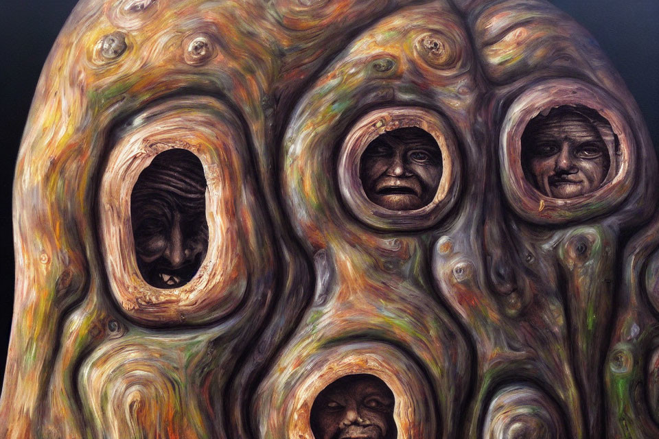 Abstract painting with multiple human faces in earthy swirls