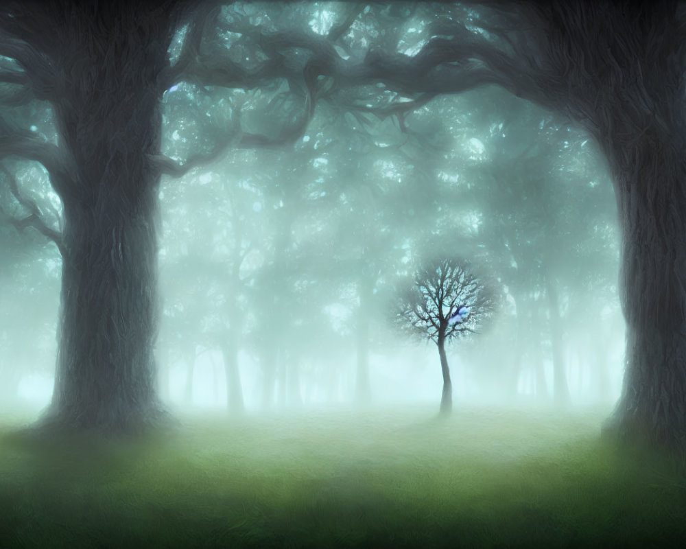 Solitary tree in misty forest clearing surrounded by tall trees