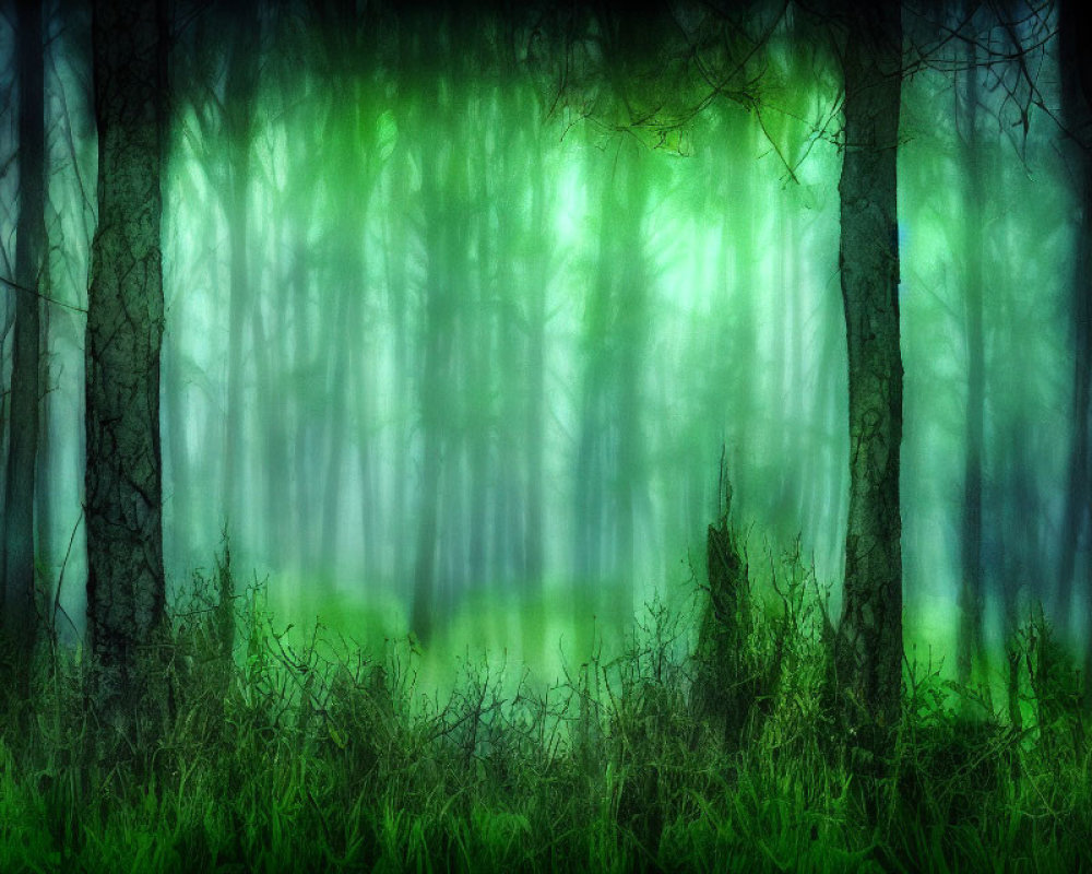 Enchanting Green Forest with Silhouettes and Ethereal Light