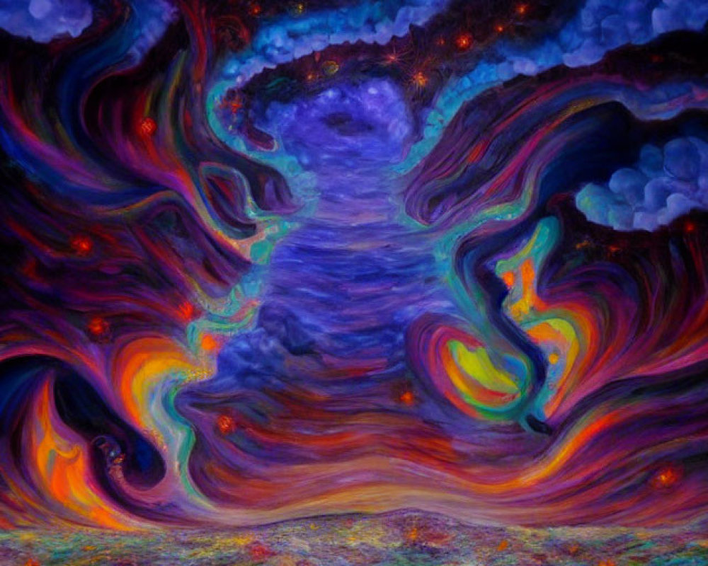 Colorful psychedelic artwork: cosmic scene with swirling purple, blue, and orange patterns under starry sky