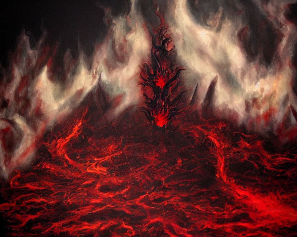 Sinister demonic figure in fiery red and black landscape