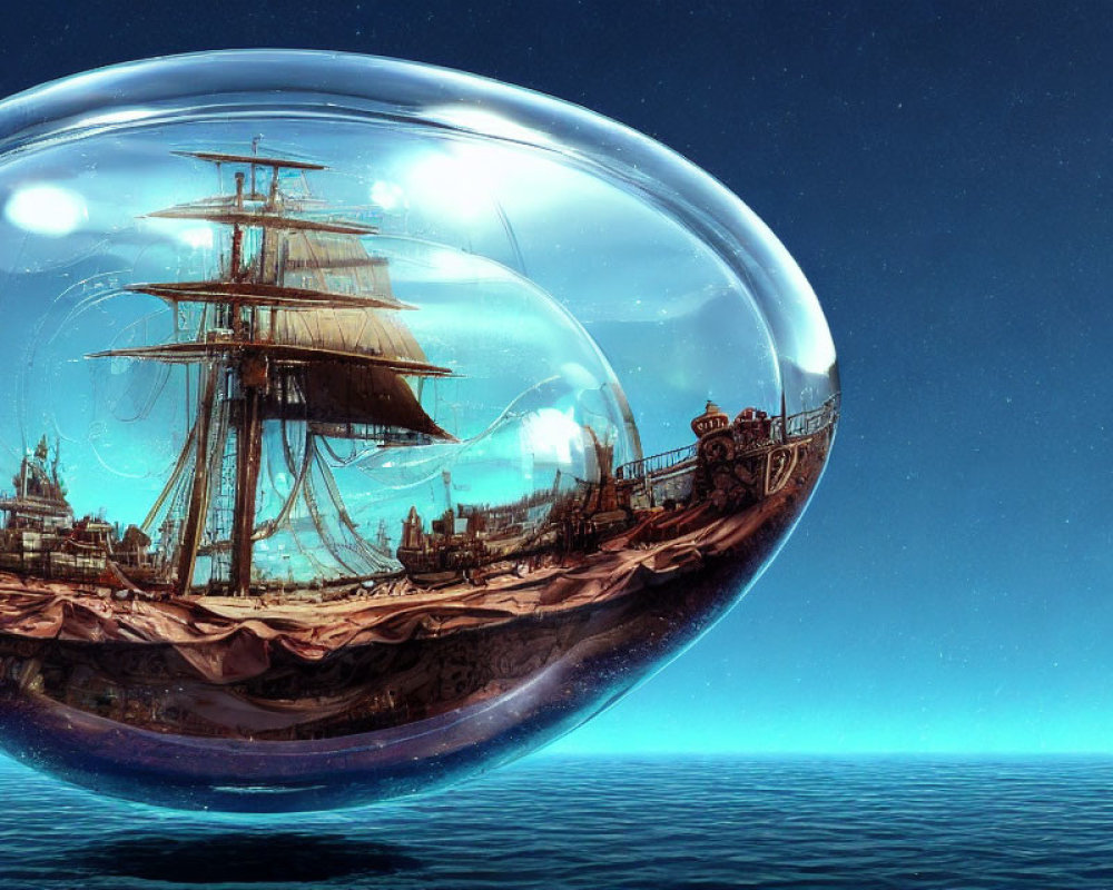 Surreal image of old sailing ship in transparent bubble above ocean