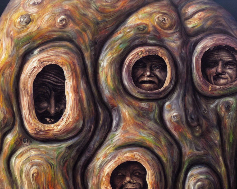 Abstract painting with multiple human faces in earthy swirls