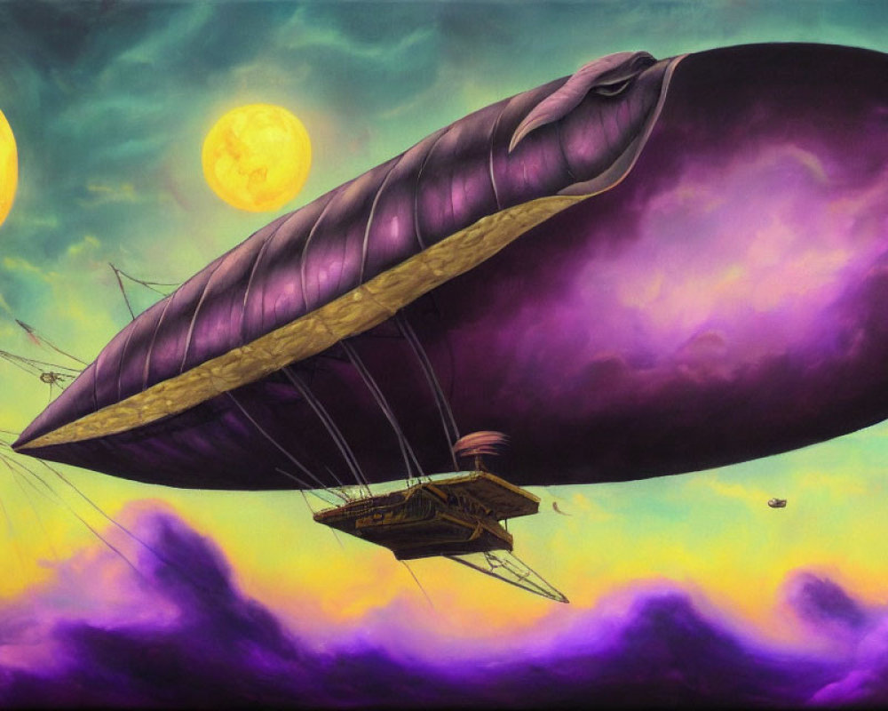 Whale-shaped airship in surreal sky with moons and flying crafts