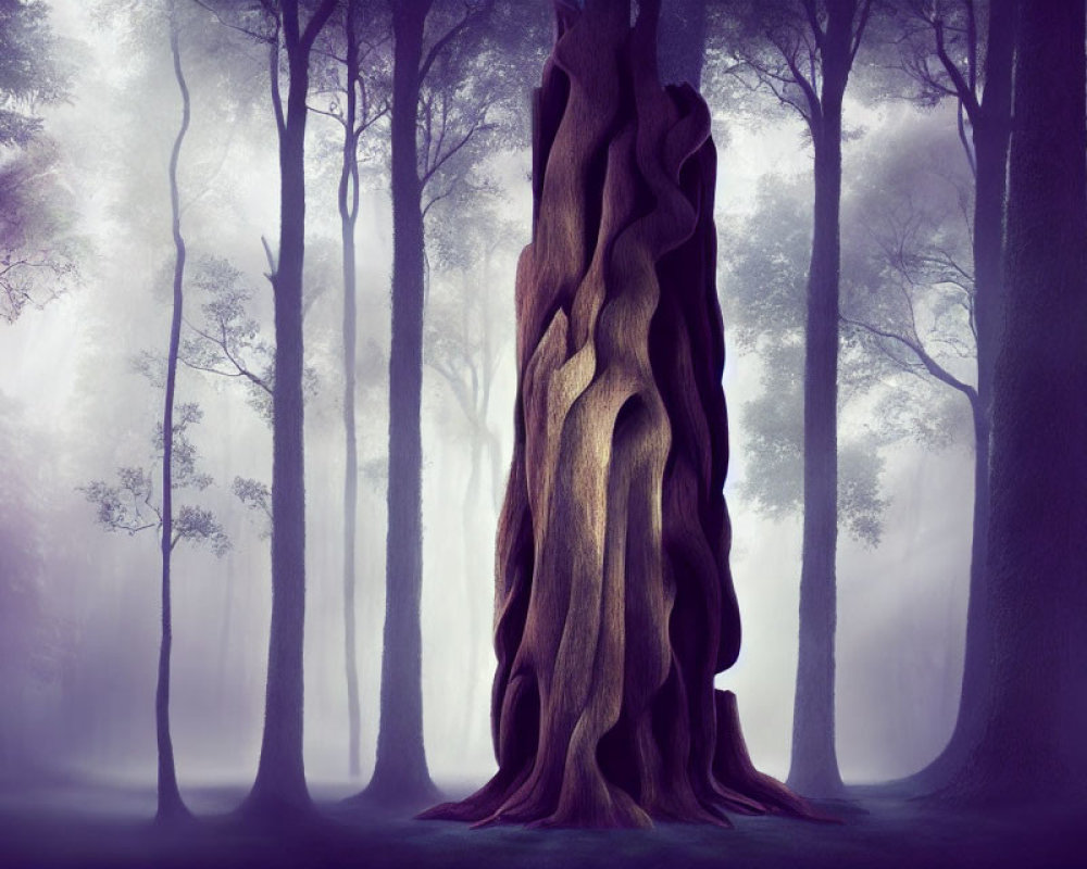 Mystical forest scene with twisted tree trunk and fog-shrouded trees