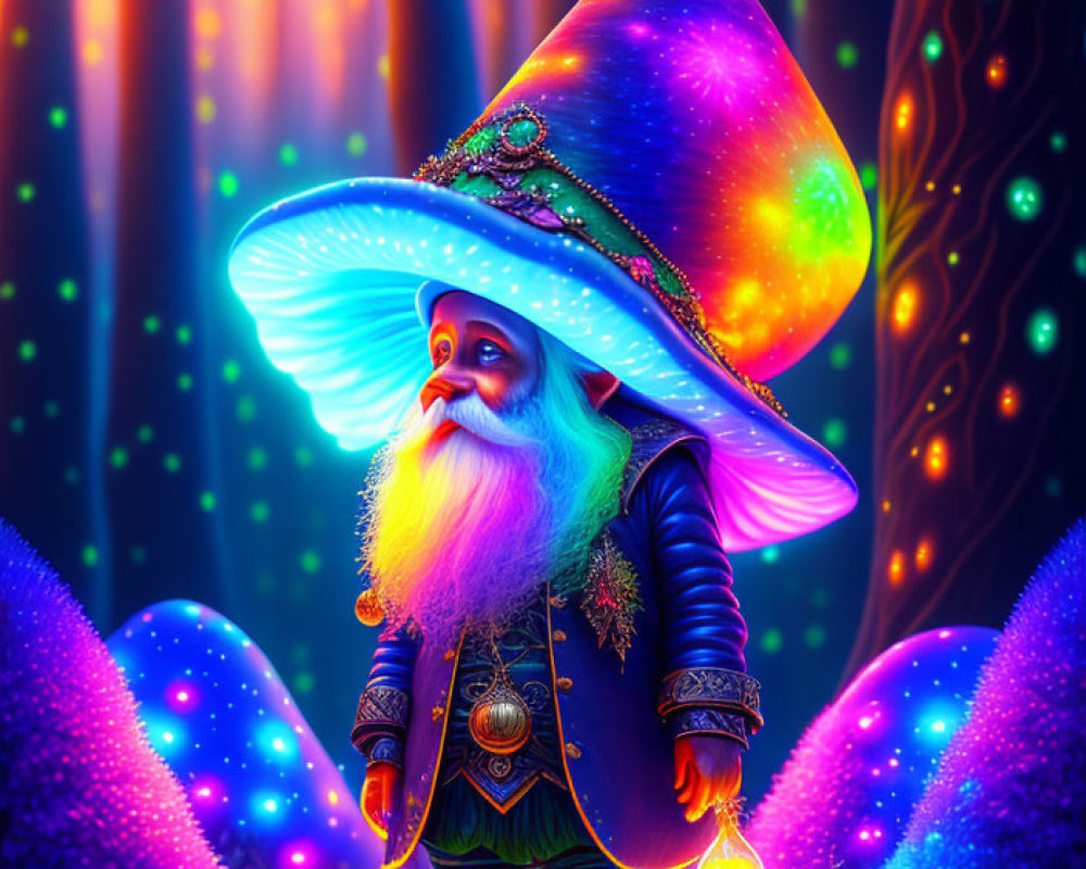 Colorful Wizard in Enchanted Forest with Glowing Hat