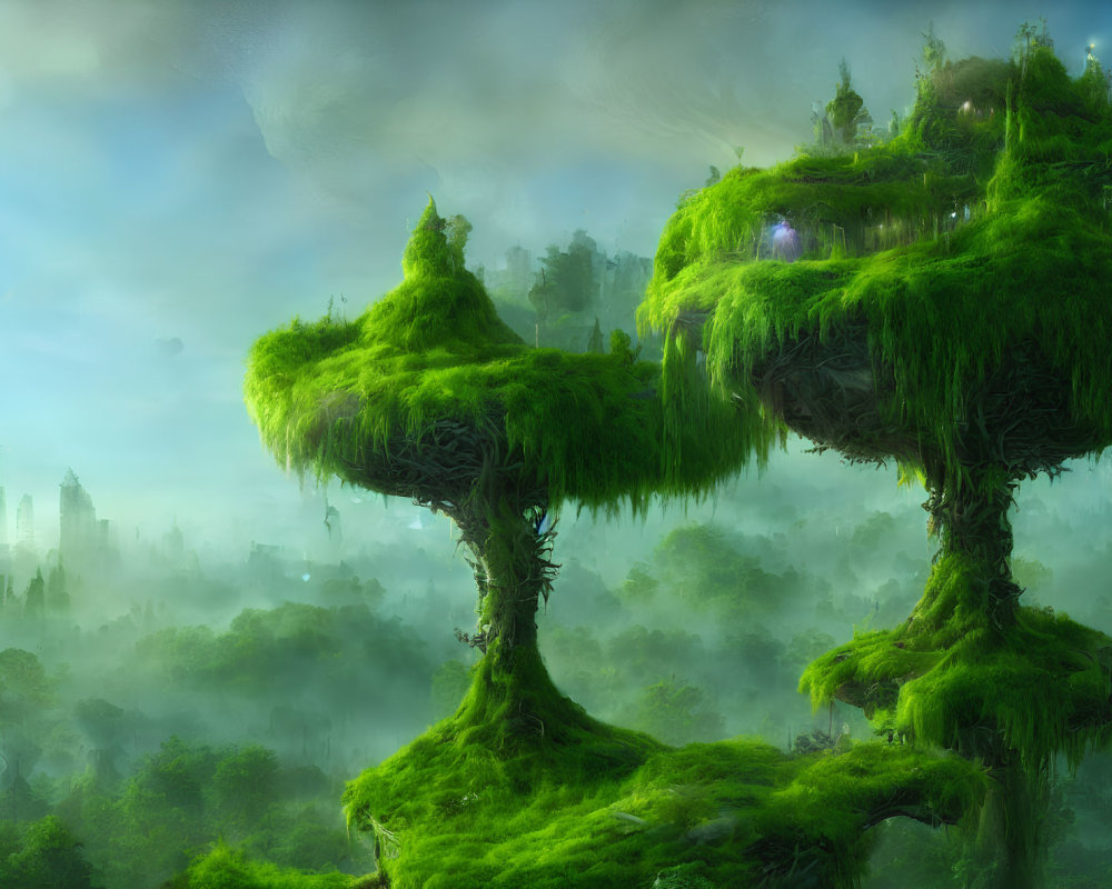 Majestic fantasy landscape with large tree-like structures and distant city in misty setting