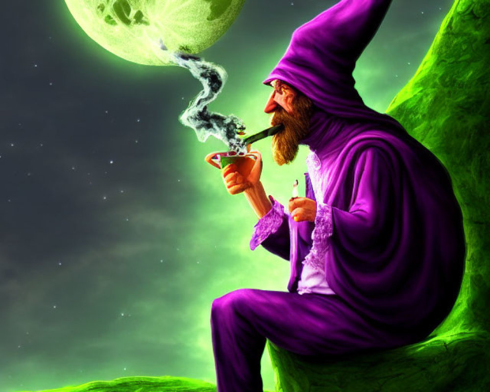 Illustration of wizard in purple robe on cliff with moon