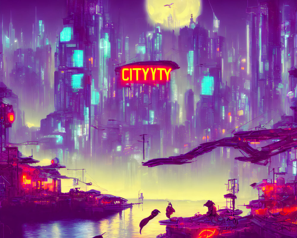 Futuristic neon-lit cityscape with skyscrapers and full moon