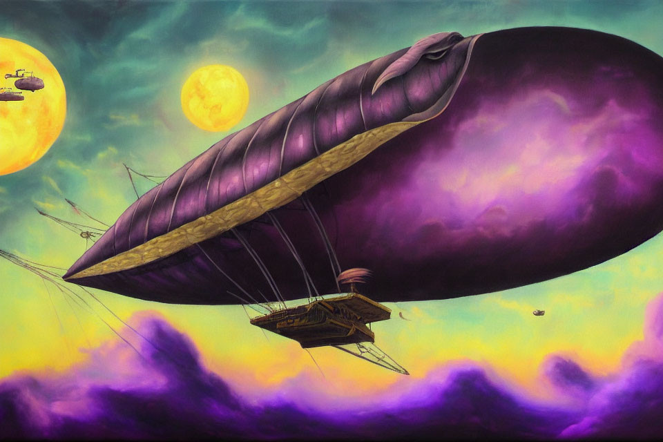 Whale-shaped airship in surreal sky with moons and flying crafts