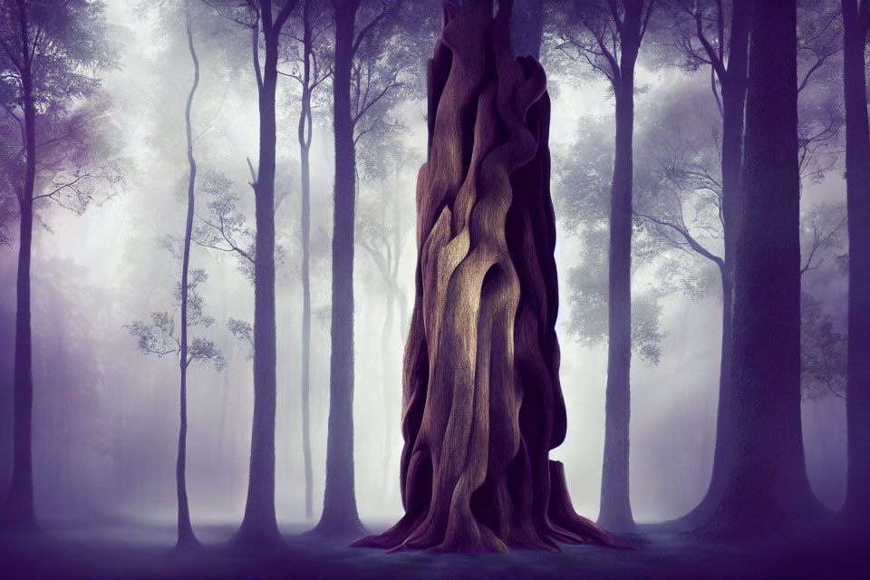 Mystical forest scene with twisted tree trunk and fog-shrouded trees