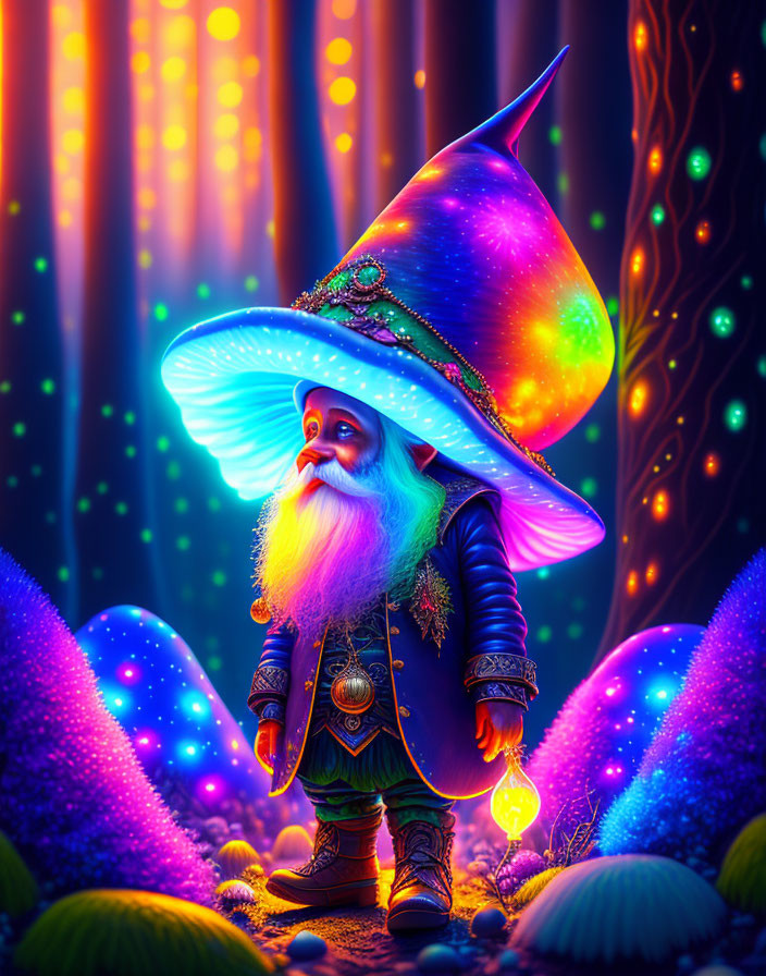 Colorful Wizard in Enchanted Forest with Glowing Hat