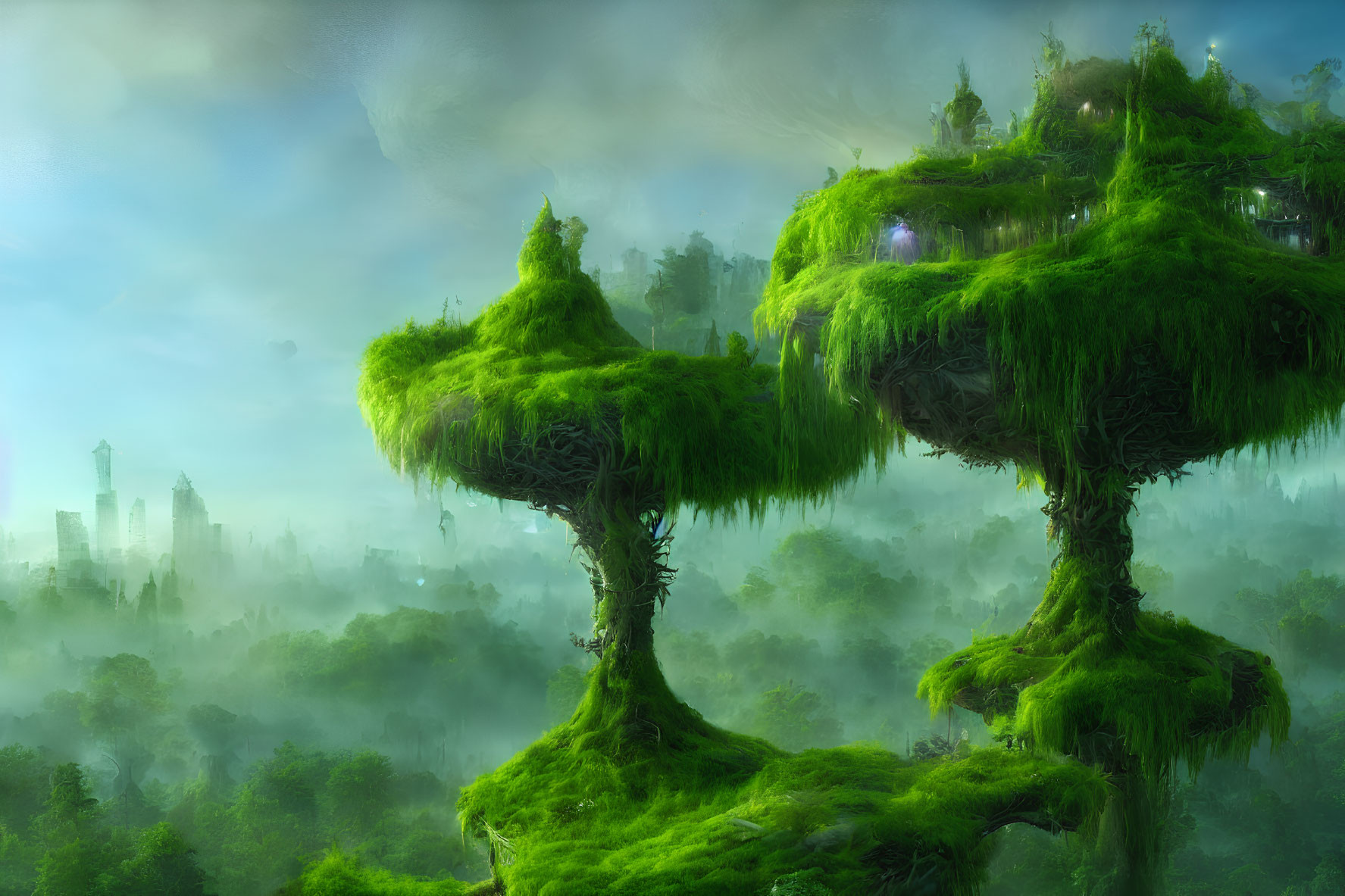 Majestic fantasy landscape with large tree-like structures and distant city in misty setting