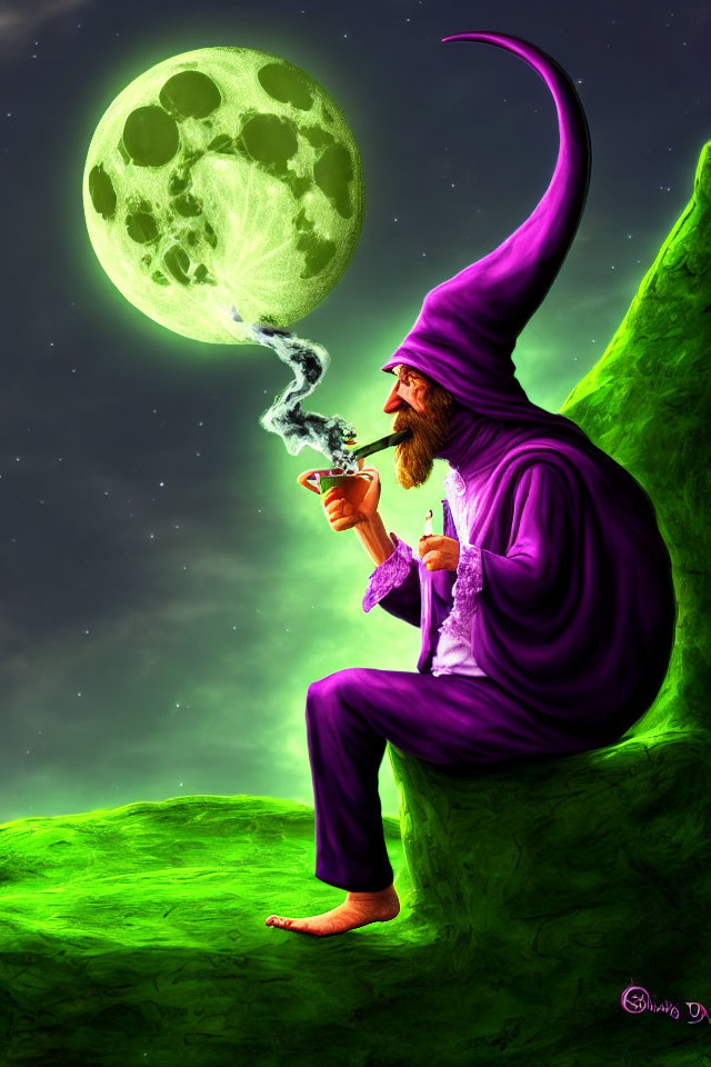 Illustration of wizard in purple robe on cliff with moon