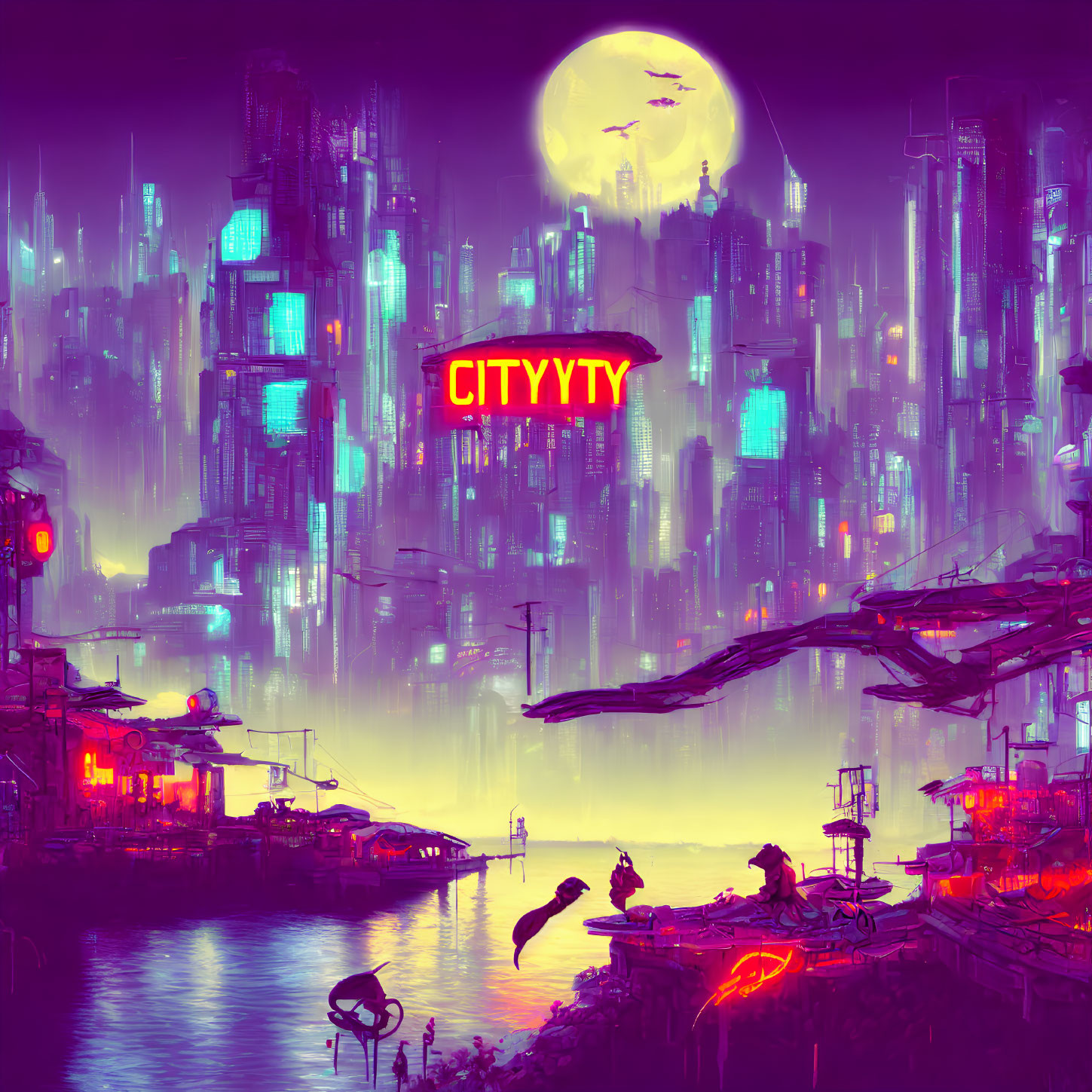 Futuristic neon-lit cityscape with skyscrapers and full moon