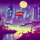 Futuristic neon-lit cityscape with skyscrapers and full moon