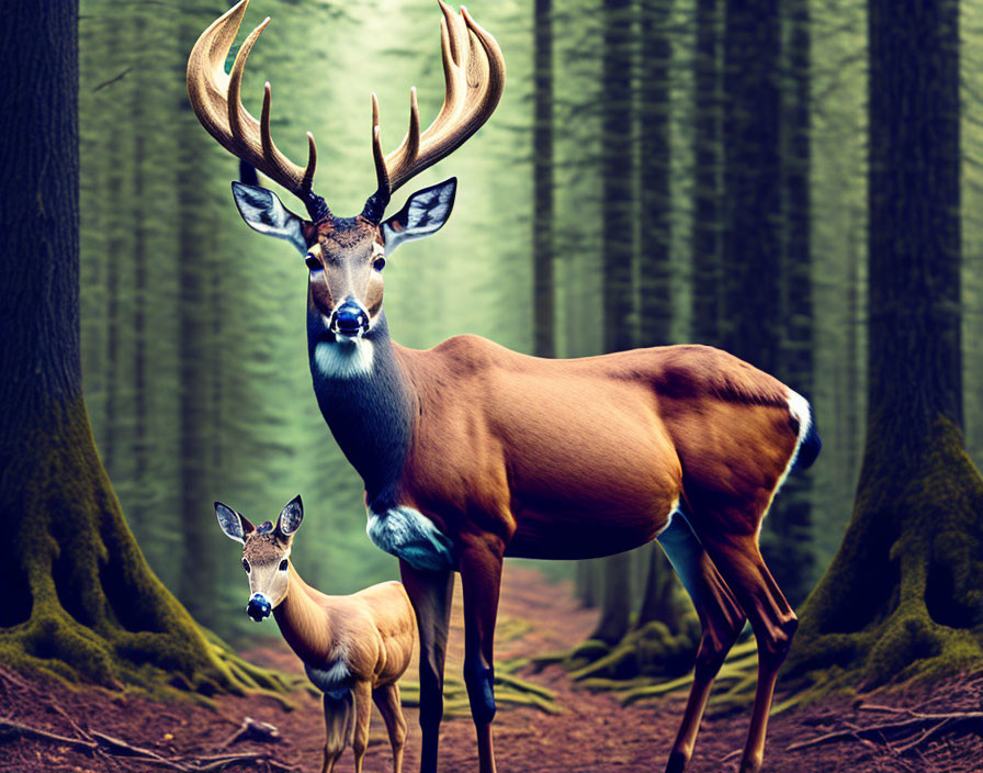 Majestic stag with antlers beside smaller deer in mystical forest