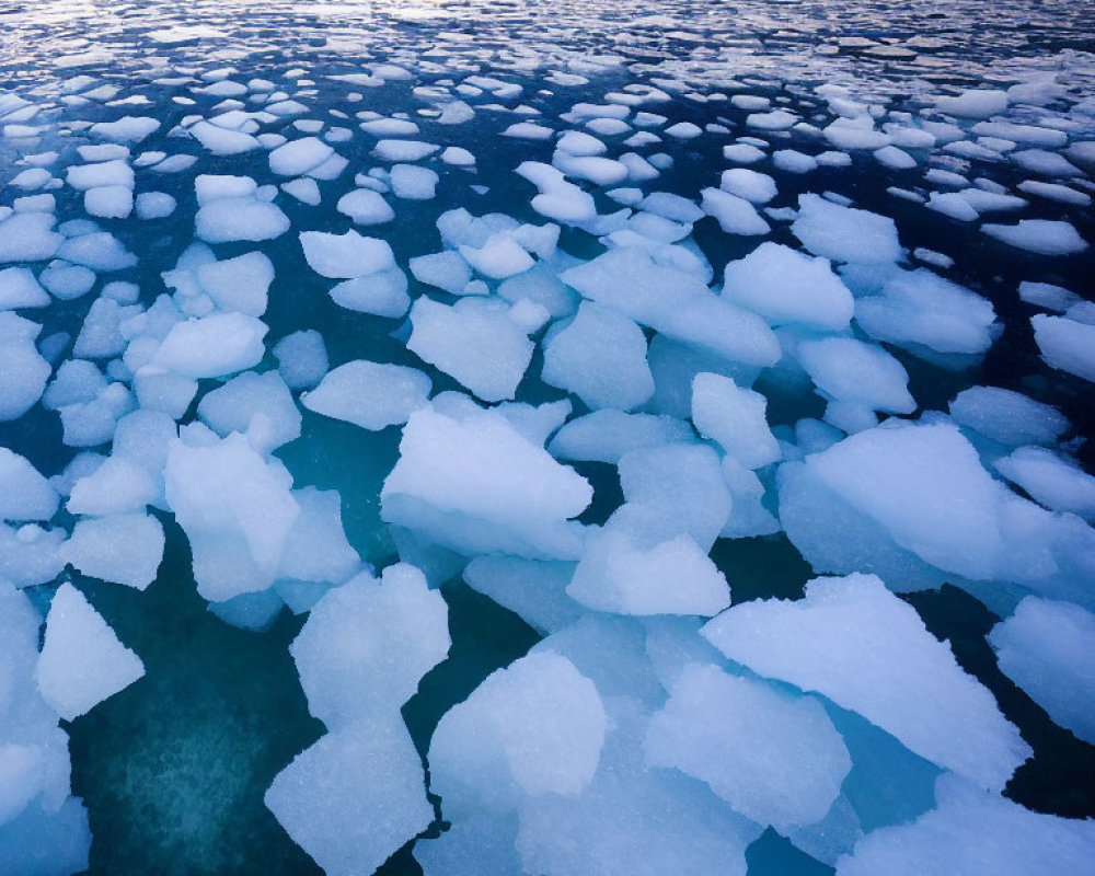 Melting ice floes in serene blue ocean under twilight sky