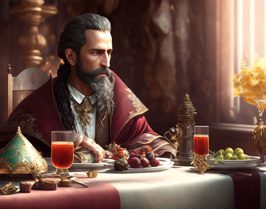 Bearded man in maroon robe at lavish table with fruits and drinks