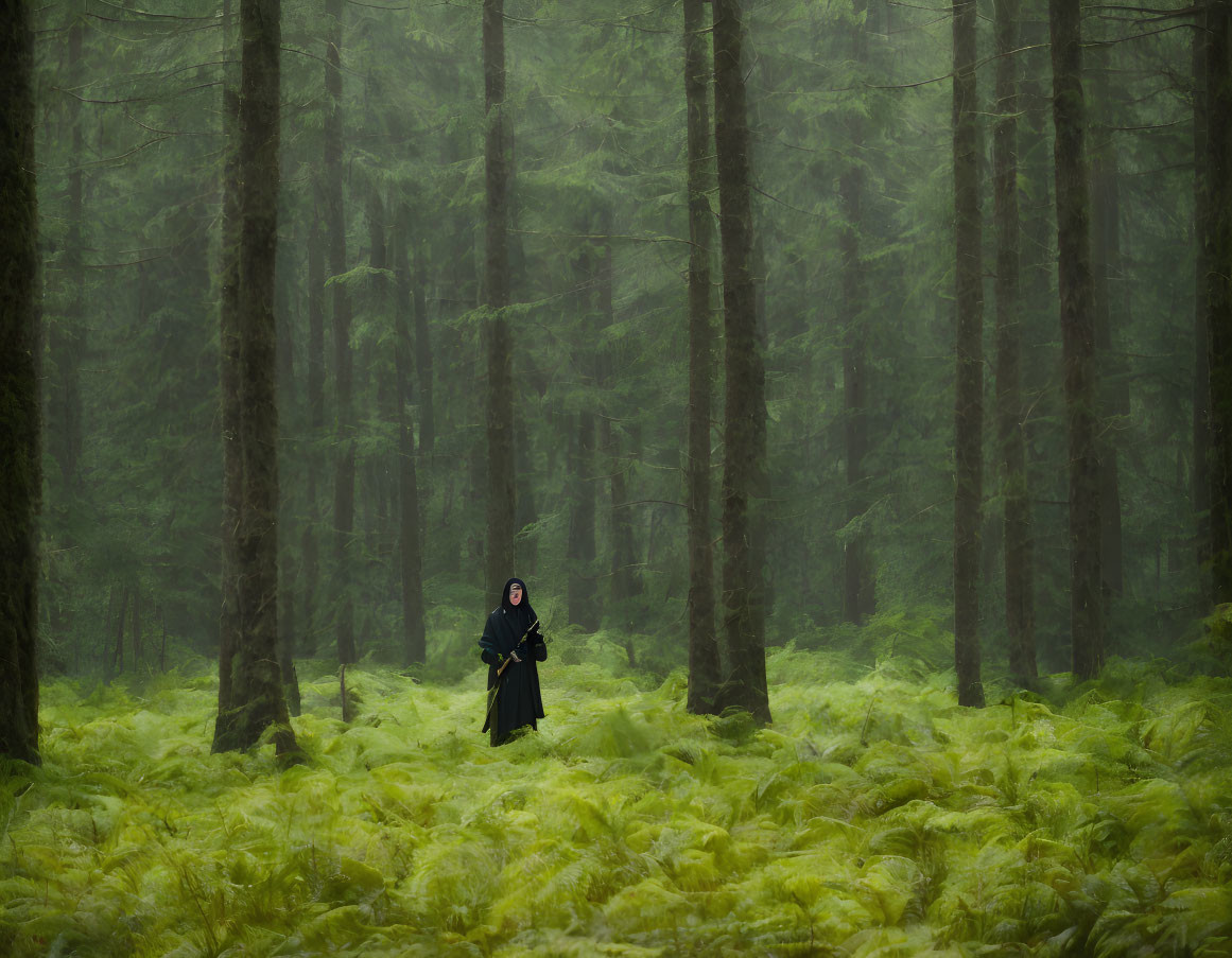 Person in misty green forest with tall trees and soft ferns