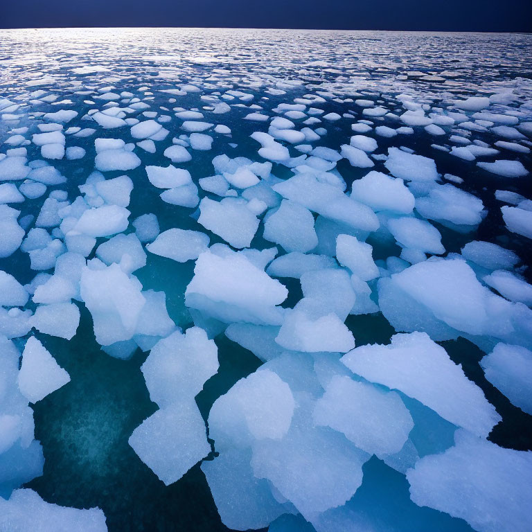 Melting ice floes in serene blue ocean under twilight sky