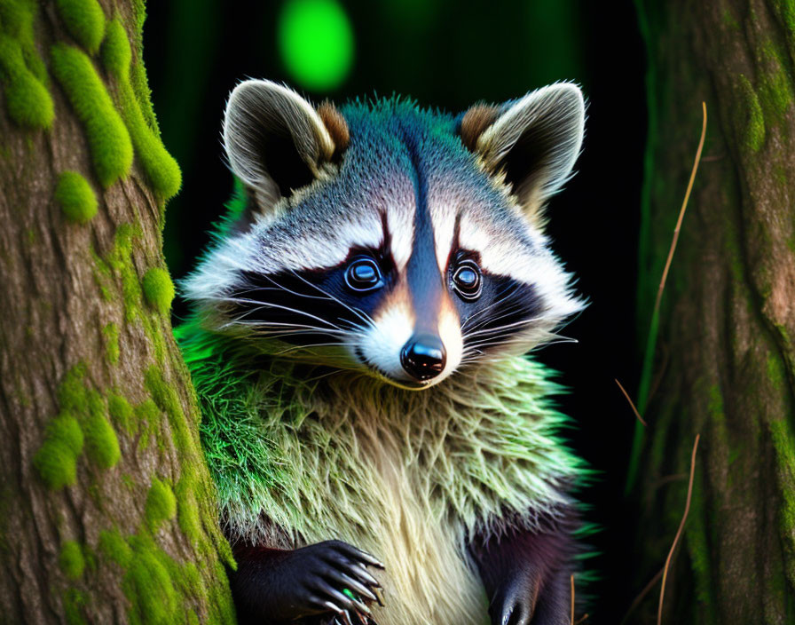 Raccoon peeking between moss-covered trees with facial mask and striped tail