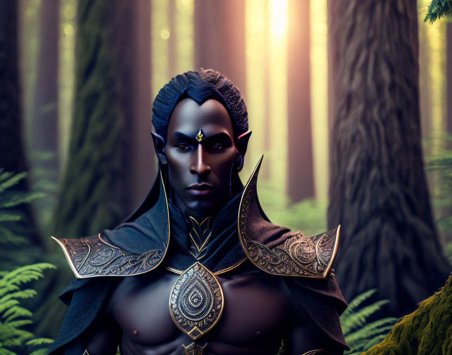 Fantasy-inspired dark elf in ornate armor in mystical forest.