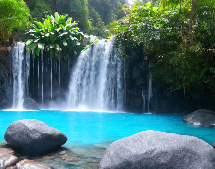 Tranquil waterfall in lush greenery with blue water