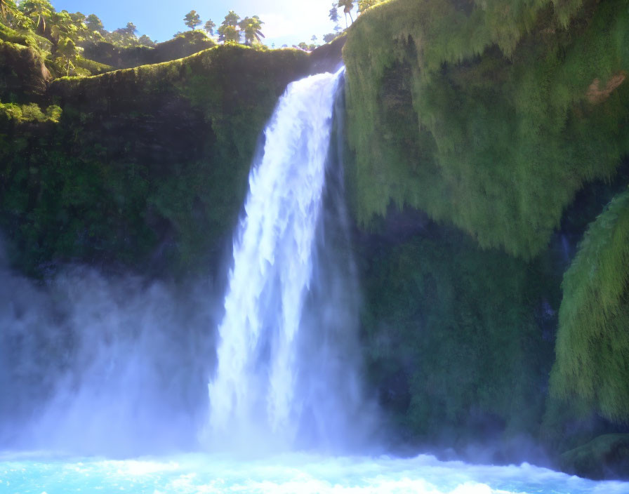 Majestic waterfall flowing into tranquil blue pool