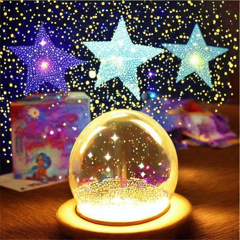 Snow Globe on Wooden Base with Star-shaped Lights Background