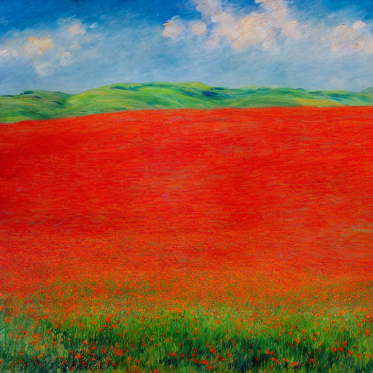 Colorful landscape painting of red poppy field under fluffy sky