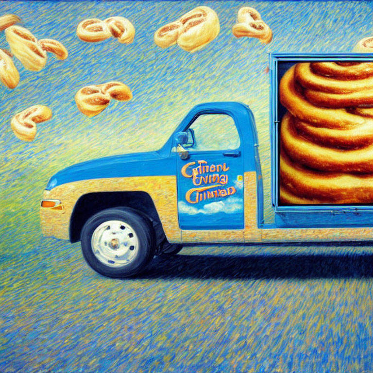 Colorful Artwork of Blue Delivery Truck with Pretzel Images Against Yellow and Blue Background