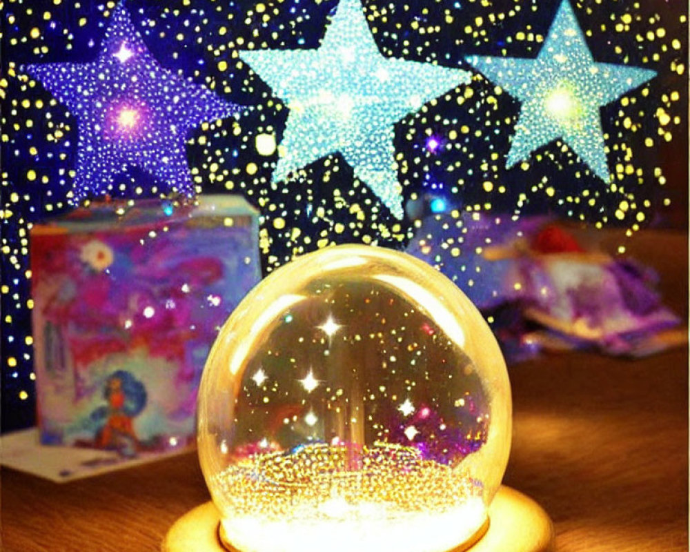 Snow Globe on Wooden Base with Star-shaped Lights Background